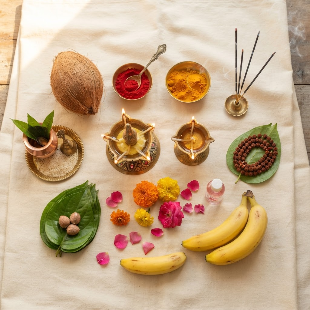 Traditional Hindu pooja items including lamps, vermilion, flowers and prayer beads for sacred rituals