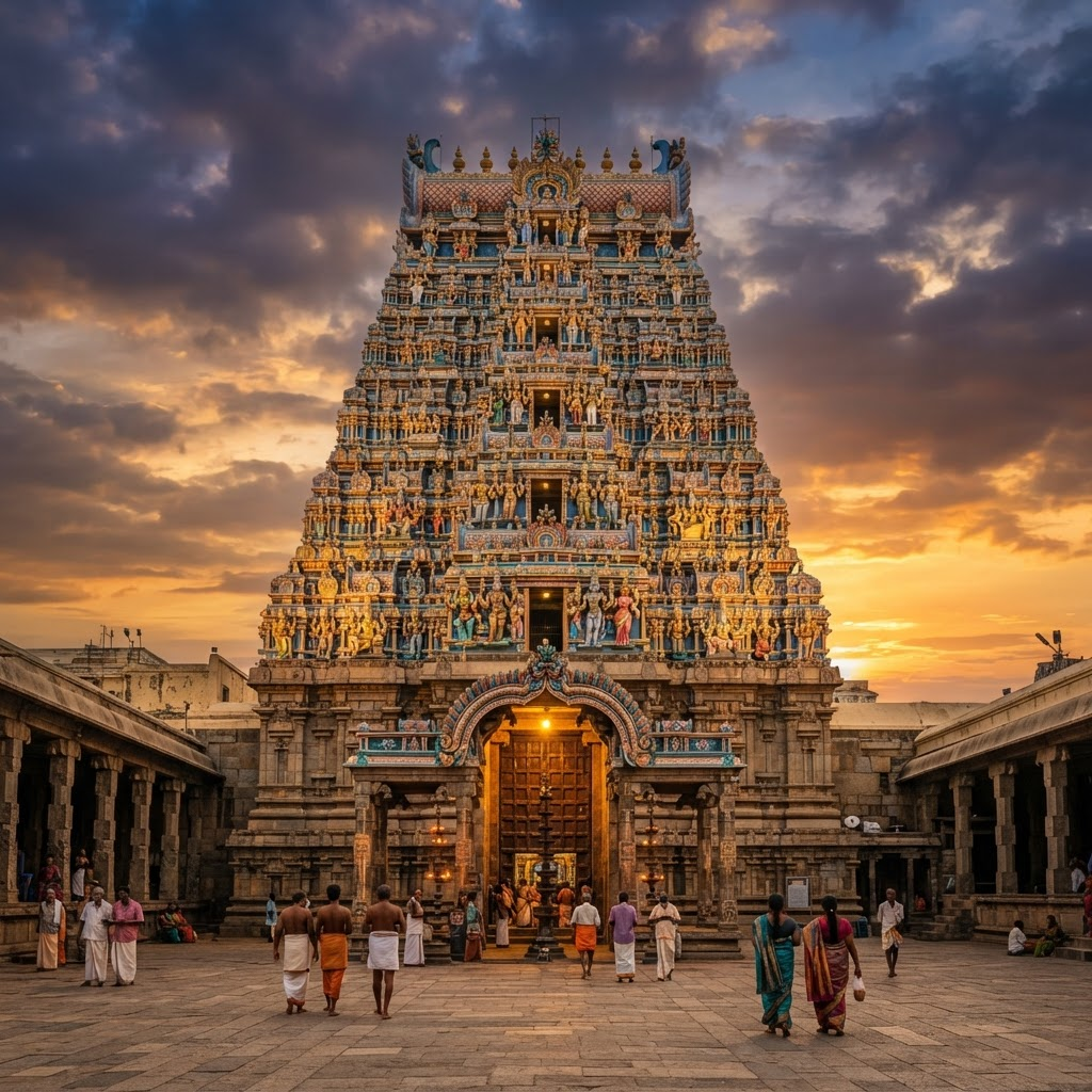 Ornate gopuram gateway of the Ramanathaswamy Temple in Rameswaram at golden hour